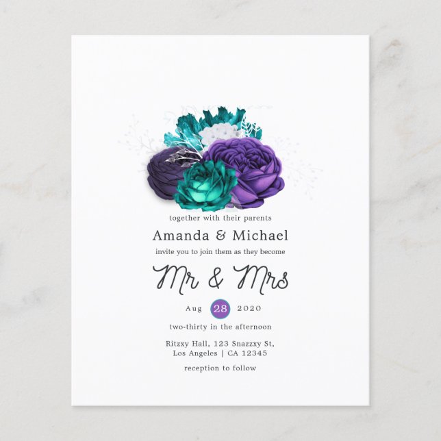 Flyer Invitación a una boda floral violeta y turquesa (Frente)