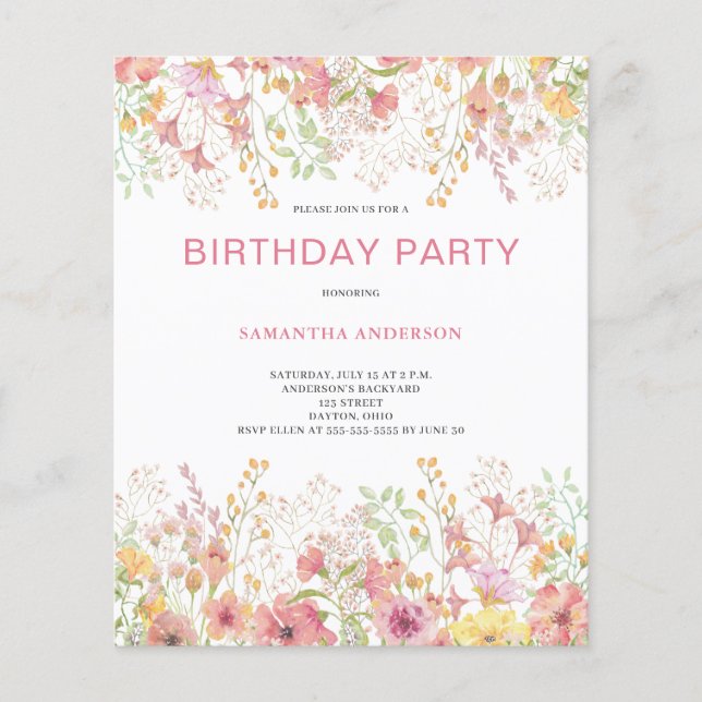 Flyer Invitación al cumpleaños botánico con flores rosad (Frente)
