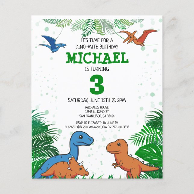 Flyer Invitación al cumpleaños de Dino Trex Kids Dinosau (Frente)