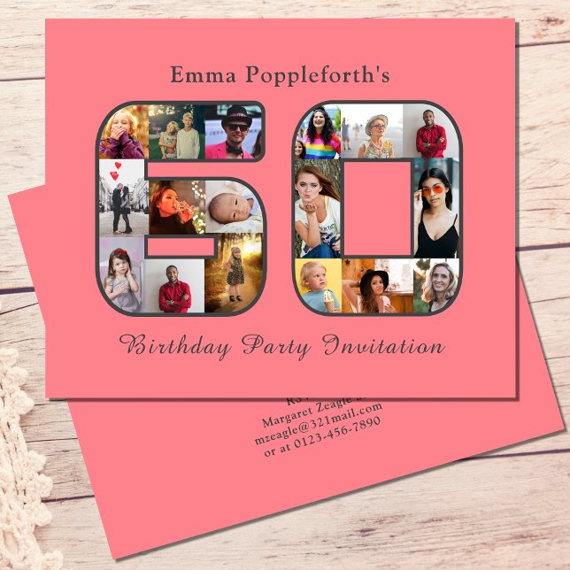 Flyer Invitación al cumpleaños número 60 del presupuesto (Budget blush pink 60th birthday invitation. Personalized photo template collage.)