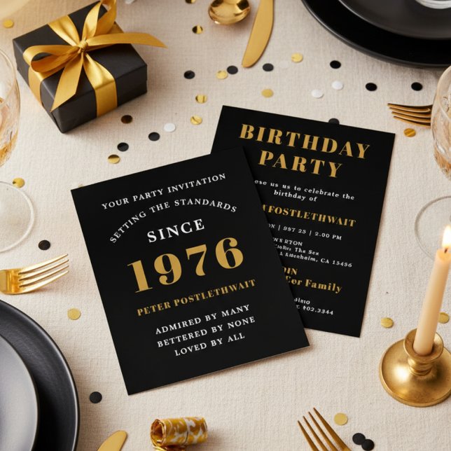 Flyer Invitación al cumpleaños presupuestal negro y oro (Budget black and gold birthday invitation)
