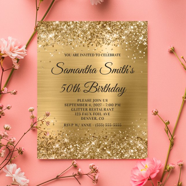 Flyer Invitación al monograma de cumpleaños 50 Relieve m (Glittery Gold Foil 50th Birthday Monogram Invite Flyer)