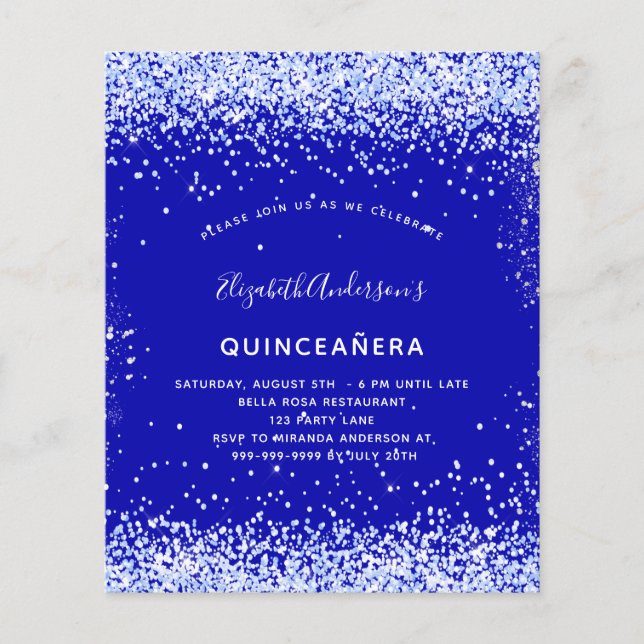 Flyer Invitación al presupuesto azul real de Quinceanera (Frente)