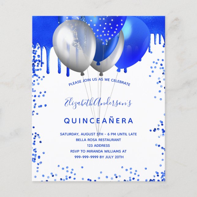 Flyer Invitación al presupuesto azul real de Quinceanera (Frente)