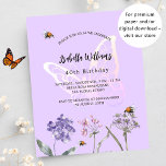 Flyer Invitación al presupuesto de la flor violeta de la<br><div class="desc">Tenga en cuenta que esta invitación está en papel de volante y es muy delgada. Los sobres no están incluidos. Para invitaciones más gruesas (el mismo diseño) visite nuestra tienda. Fondo violeta de color lavanda. Decorado con abejas y flores silvestres pintadas en violeta y rosa y con una gran mariposa....</div>