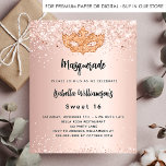 Flyer Invitación al presupuesto de Masquerade rosa Sweet<br><div class="desc">Tenga en cuenta que esta invitación está en papel de volante y es muy delgada. Los sobres no están incluidos. Para invitaciones más gruesas (el mismo diseño) visite nuestra tienda. Para un elegante Masquerade, para un dulce 16, 16 cumpleaños. Un gradiente dorado rosa giratorio con aspecto de fondo. Decorada con...</div>