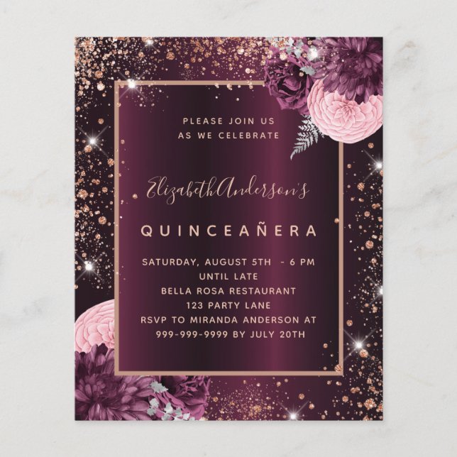 Flyer Invitación al presupuesto de oro de Quinceanera bu (Frente)