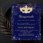 Flyer Invitación al presupuesto del cumpleaños azul Masq<br><div class="desc">Tenga en cuenta que esta invitación está en papel de volante y es muy delgada. Los sobres no están incluidos. Para invitaciones más gruesas (el mismo diseño) visite nuestra tienda. Para una elegante Mascarada, 50 años (o cualquier edad) de cumpleaños. Un elegante fondo azul marino. Decorado con un polvo falso...</div>