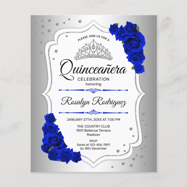 Flyer Invitación azul real blanca de Quinceanera de pres (Frente)