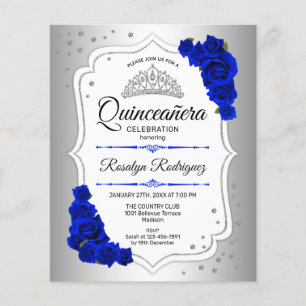 Flyer Invitación azul real blanca de Quinceanera de pres