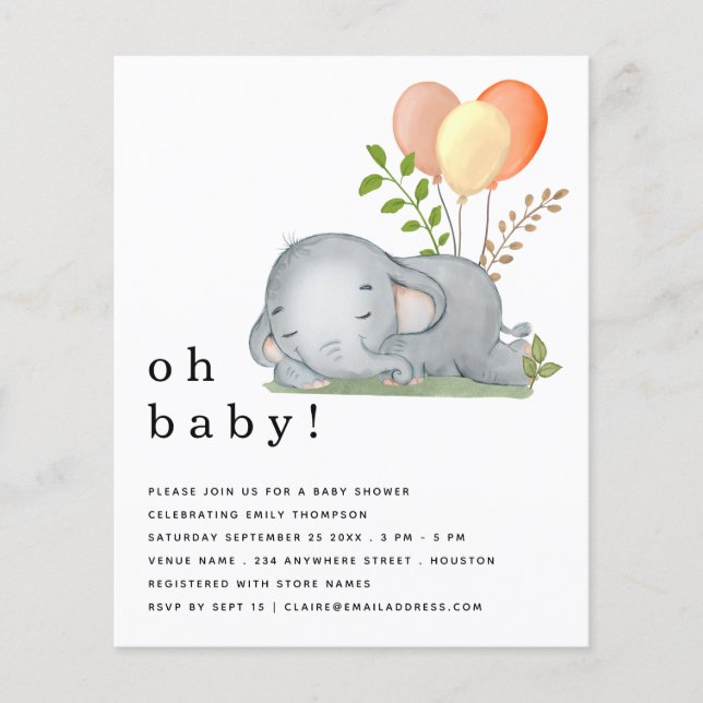 Flyer Invitación Baby Shower amarilla para Elefante de P (Frente)