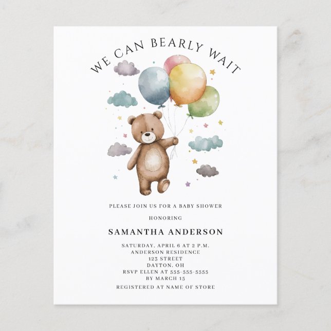 Flyer Invitación Baby Shower de Bearly Wait de Presupues (Frente)