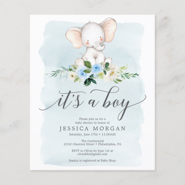 Flyer Invitación Baby Shower de Budget Blue Elephant Boy (Frente)
