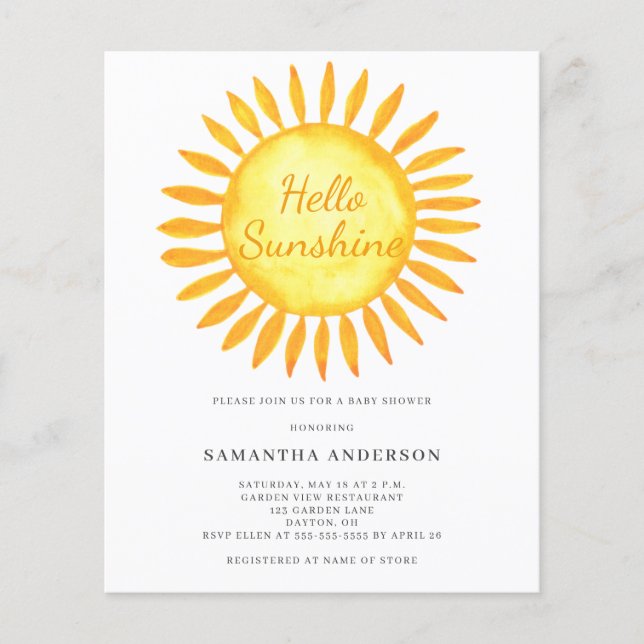 Flyer Invitación Baby Shower de Budget Hello Sunshine (Frente)