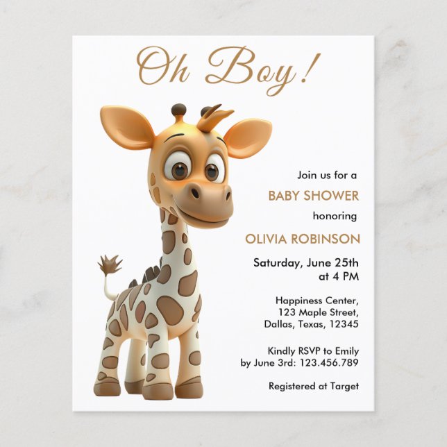 Flyer Invitación Baby Shower de Budget Oh Boy Baby Giraf (Frente)