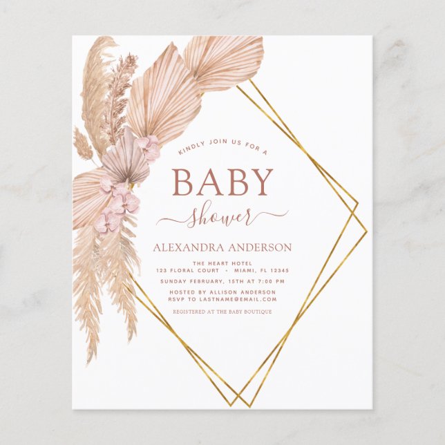 Flyer Invitación Baby Shower de Budget Pampas Grass Boho (Frente)