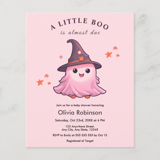 Flyer Invitación Baby Shower de Budget Pink A Little Boo (Frente)