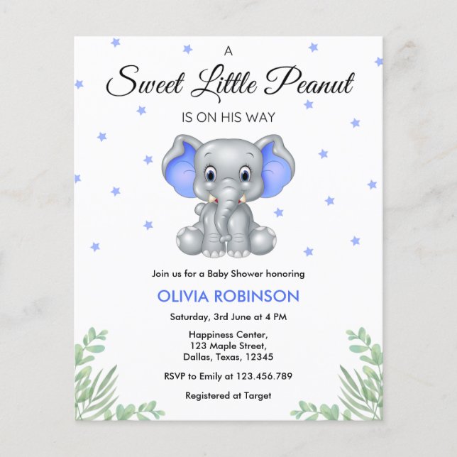 Flyer Invitación Baby Shower de Elephant Blue Boy (Frente)