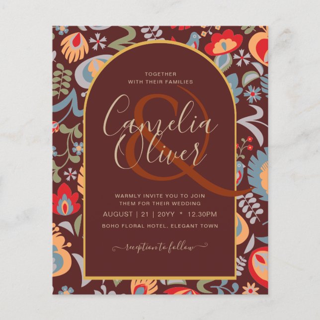 Flyer invitación bilingüe de boda de flores popular, (Frente)