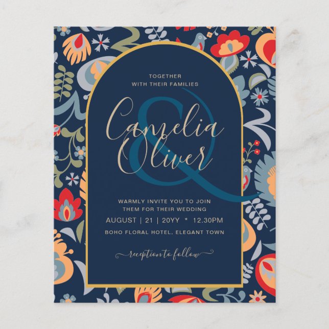 Flyer invitación bilingüe de boda de flores popular, (Frente)