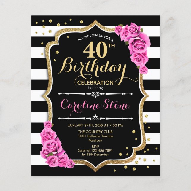 Flyer Invitación blanca rosada del 40 de cumpleaños del  (Frente)