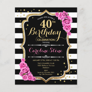 Flyer Invitación blanca rosada del 40 de cumpleaños del 