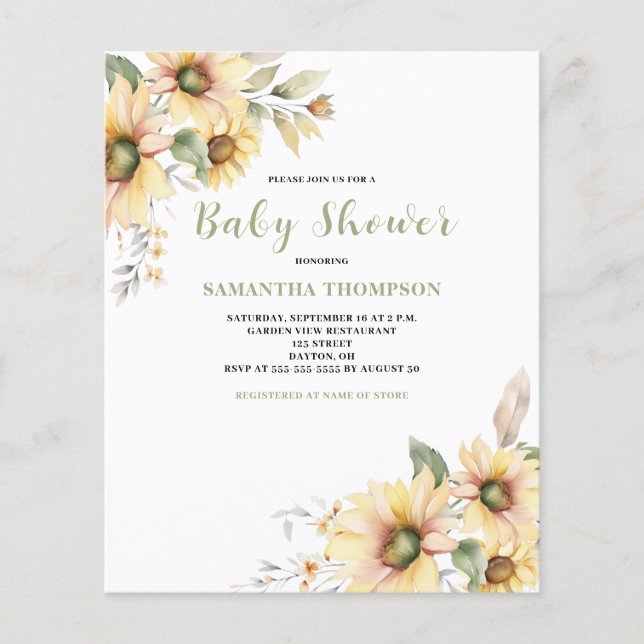Flyer Invitación Botánica Floral de Baby Shower Presupue (Frente)