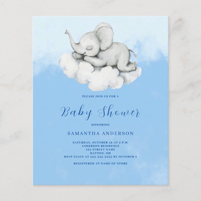 Flyer Invitación de Baby Shower de Cute Elephant Budget  (Frente)
