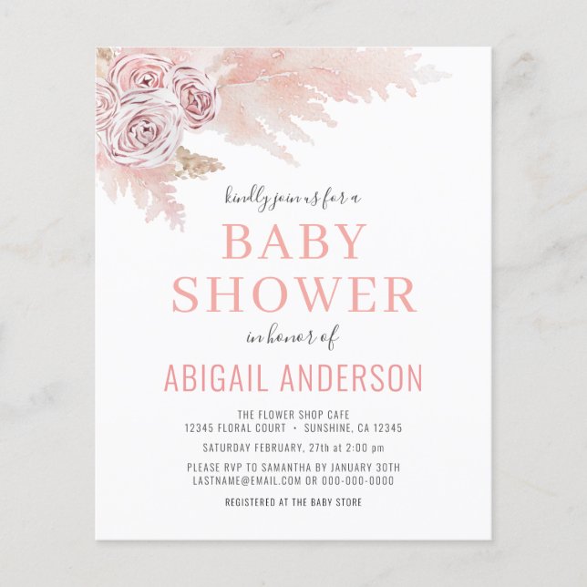 Flyer Invitación de Baby Shower de hierba de Pampas Boho (Frente)