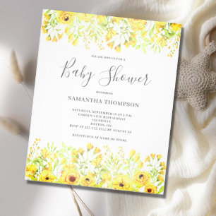 Flyer Invitación de baby shower floral amarilla económic