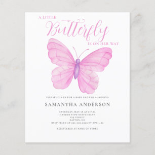 Flyer Invitación de baby shower rosa de mariposa económi