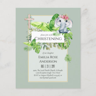 Flyer Invitación de bautizo de elefante bebé para niñas