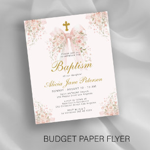 Flyer Invitación de bautizo de niñas con lazo floral ros