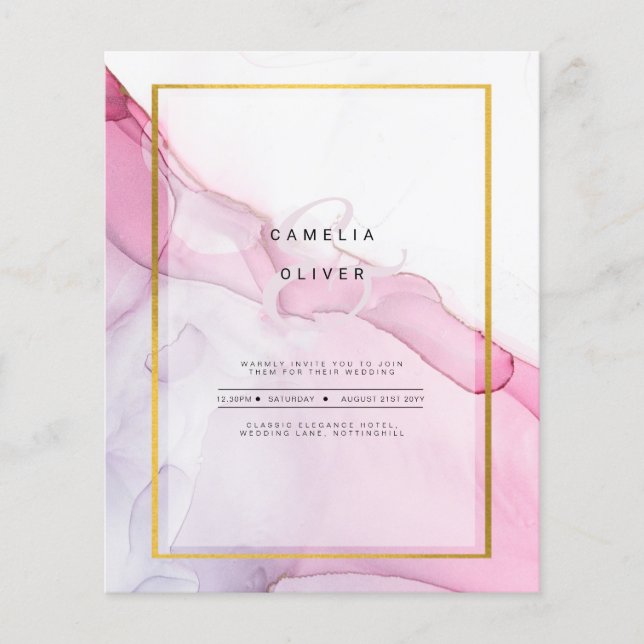 Flyer INVITACIÓN de Boda Abstracta con Tinta ROSA Púrpur (Frente)