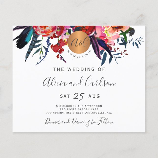 Flyer Invitación de boda boho con monograma floral de pr (Frente)