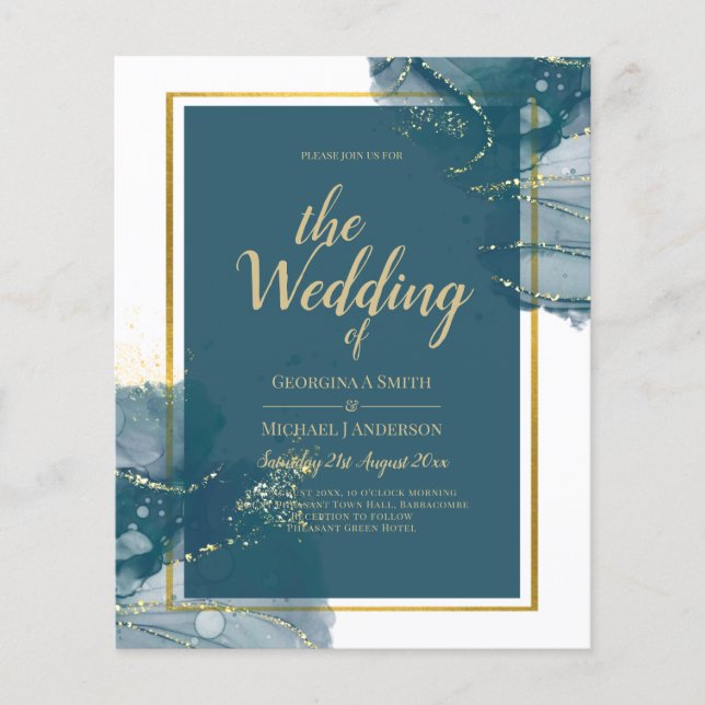 Flyer Invitación de Boda Chic con Tinta de Alcohol Azul  (Frente)