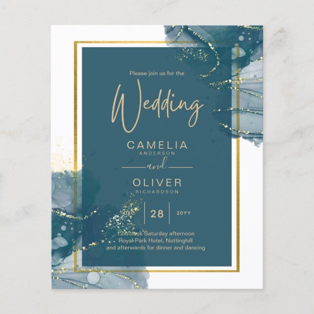 Flyer Invitación de Boda Chic con Tinta de Alcohol Azul  (Frente)