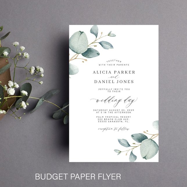 Flyer Invitación de boda chic con verde eucalipto económ (Subido por el creador)