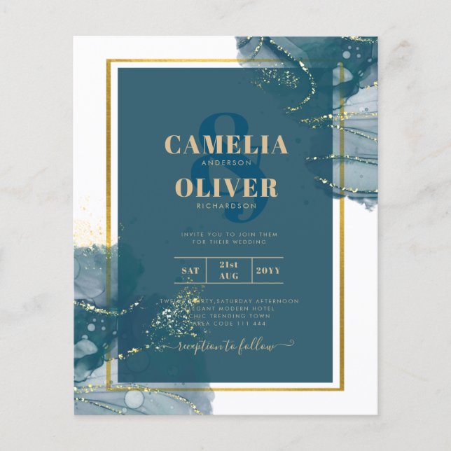 Flyer Invitación de Boda Chic Tinta de Alcohol Azul de P (Frente)