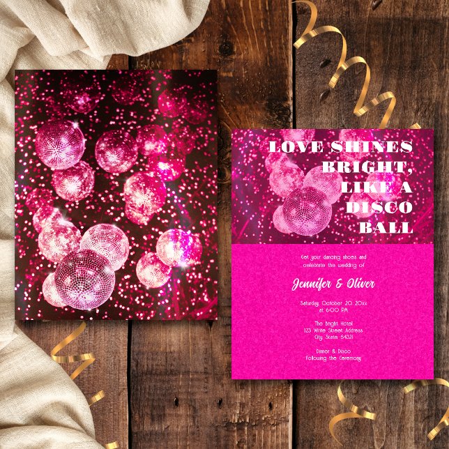 Flyer Invitación de boda con bola de discoteca rosa cali (Front and Back)