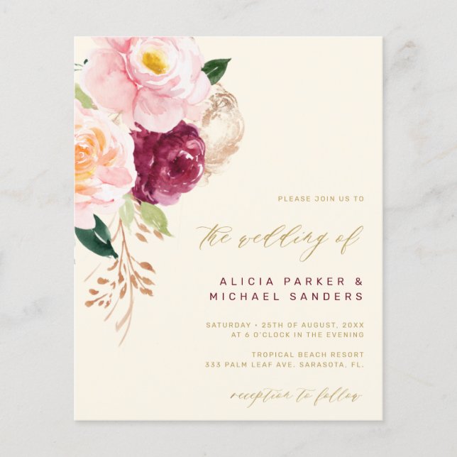 Flyer Invitación de boda con flores en acuarela dorado y (Frente)