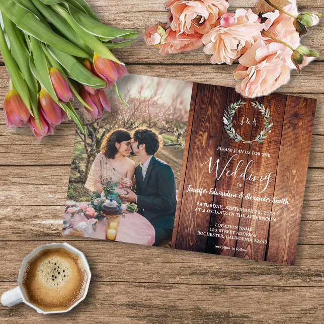 Flyer Invitación de boda con foto de madera de granero c (Budget barn wood monogram photo Wedding invitation Flyer. For your rustic country wedding,)