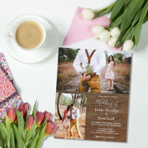 Invitación de boda con foto de madera rústica econ