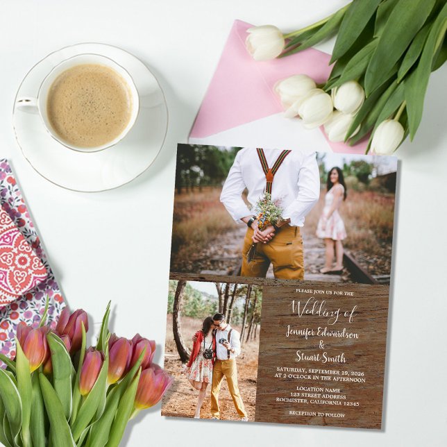 Flyer Invitación de boda con foto de madera rústica econ (Budget rustic wood photo wedding invitation flyer. You can add your own photos to personalize.)