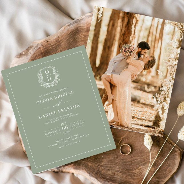 Flyer Invitación de boda con foto y cresta verde sabio c (Subido por el creador)