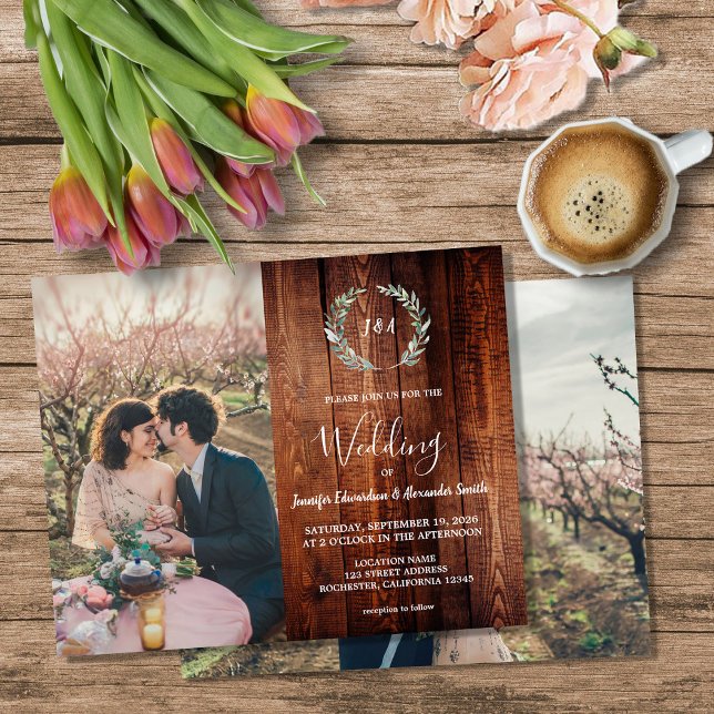 Flyer Invitación de boda con monograma de madera de gran (Budget barn wood monogram photo Wedding invitation Flyer. You can add your own photos to personalize)