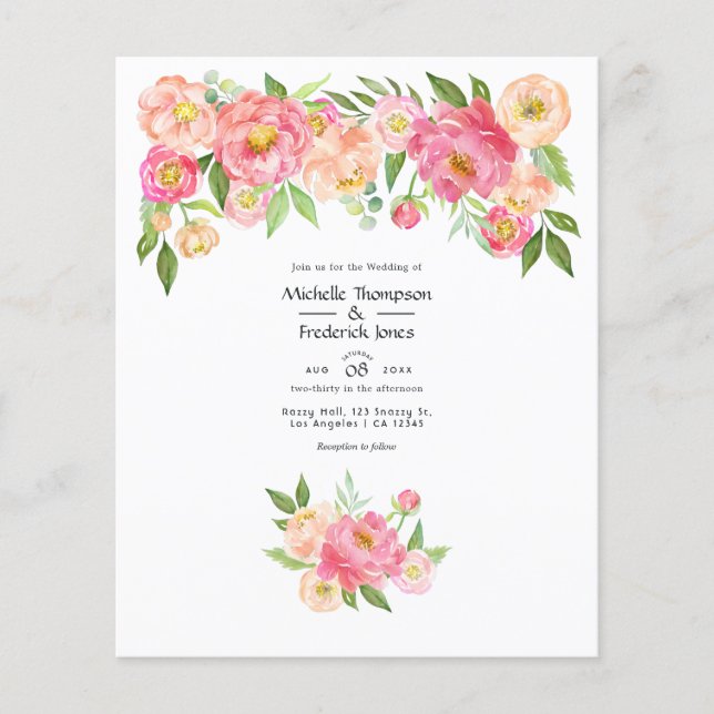 Flyer Invitación de boda con peonías acuarela rosa paste (Frente)