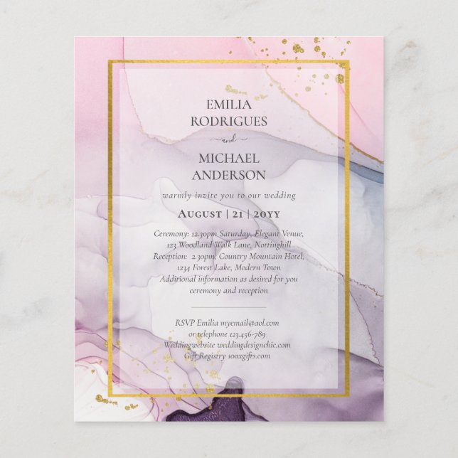 Flyer INVITACIÓN de boda con tinta rosa púrpura lavanda  (Atrás)
