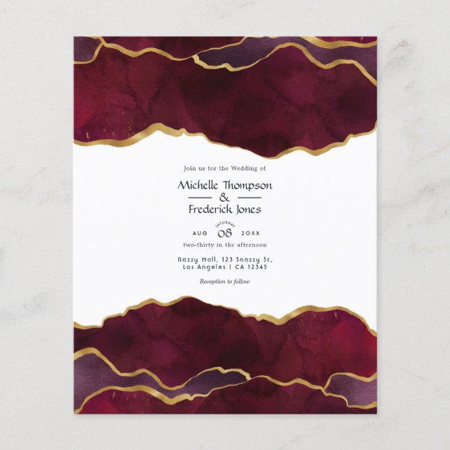 Flyer Invitación de boda de ágata dorada y borgoña (Frente)