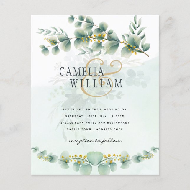 Flyer Invitación de Boda de Eucalipto Moderno Verde con  (Frente)